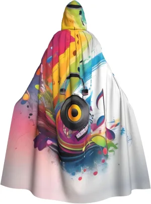 Colorful Music Pattern Adult Hooded Cape Cloak for Halloween, Role-playing, and Costume Parties