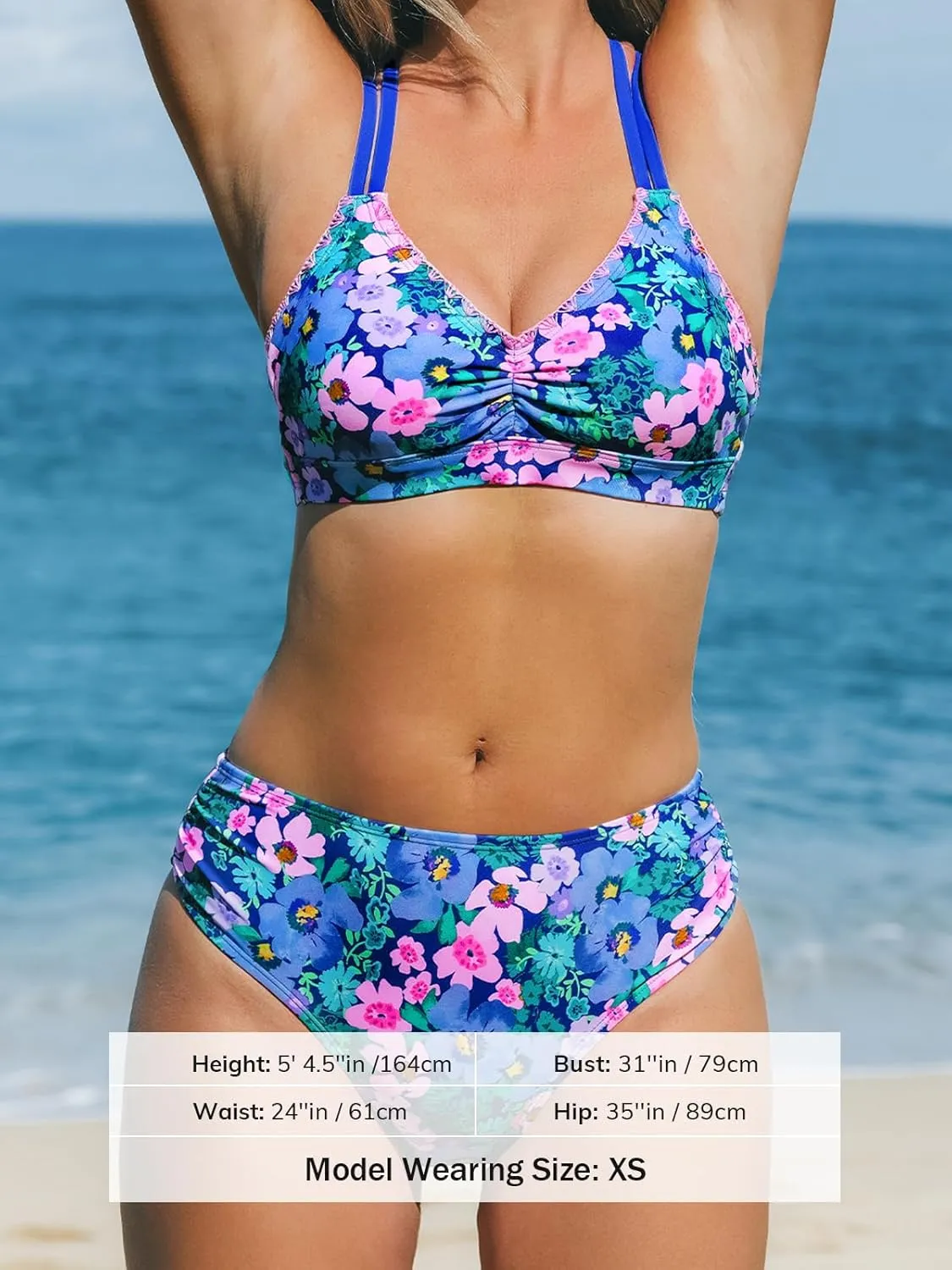 CUPSHE Women's Bikini Sets Two Piece Swimsuit Crisscross Back Self Tie Double Straps Ruched Mid Rise Stitching