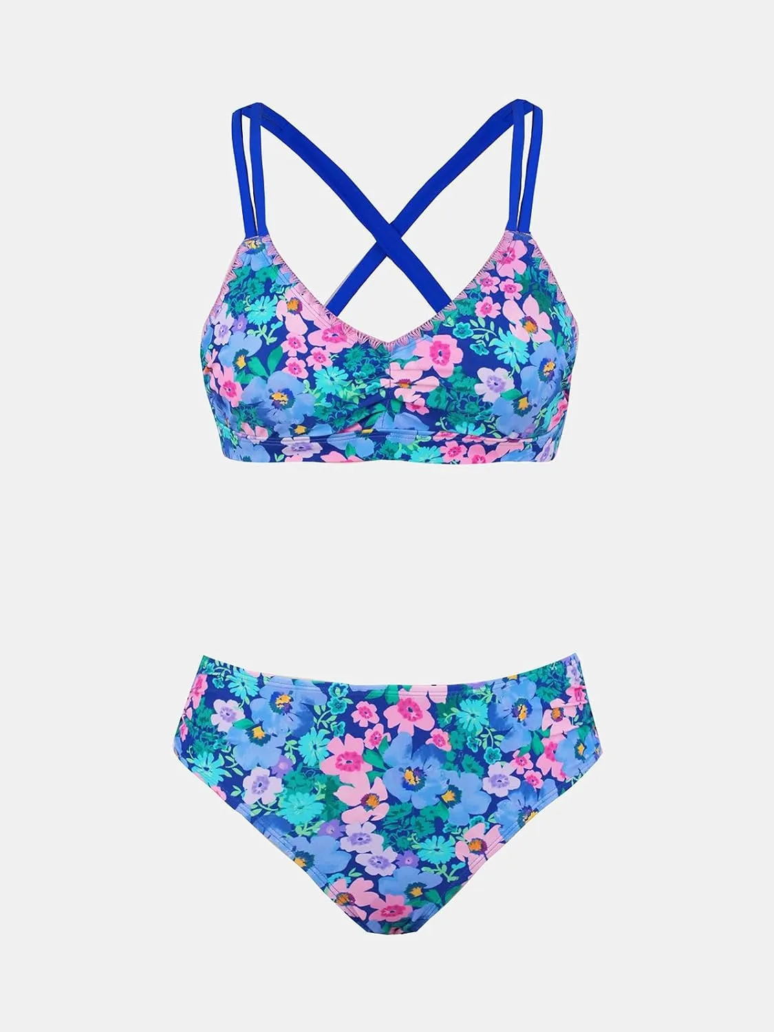 CUPSHE Women's Bikini Sets Two Piece Swimsuit Crisscross Back Self Tie Double Straps Ruched Mid Rise Stitching
