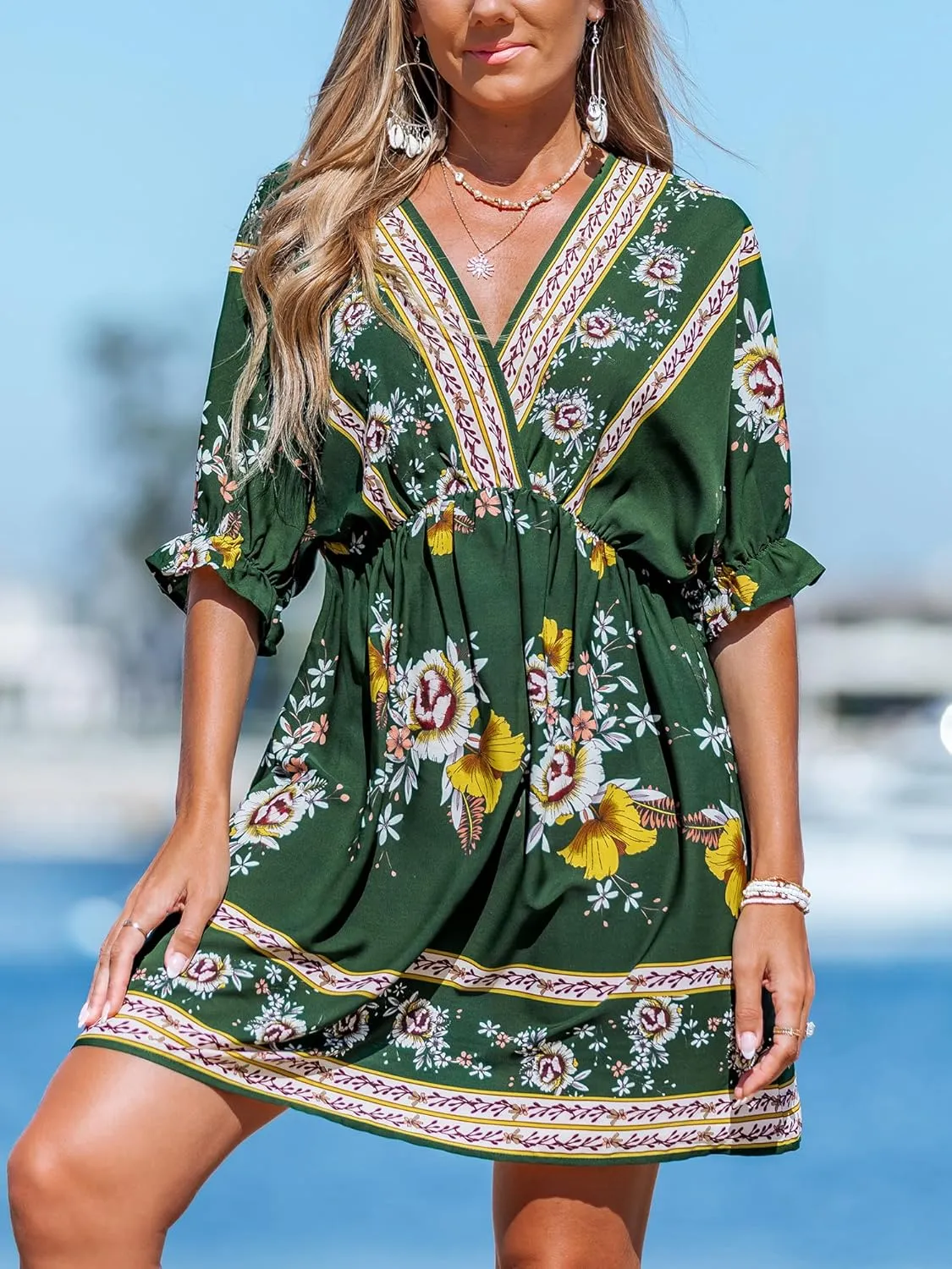 CUPSHE Women's Summer Dresses V Neck Short Sleeve Beach Loose Fit Ruffled Casual Bridesmaid Flowy Mini Dress
