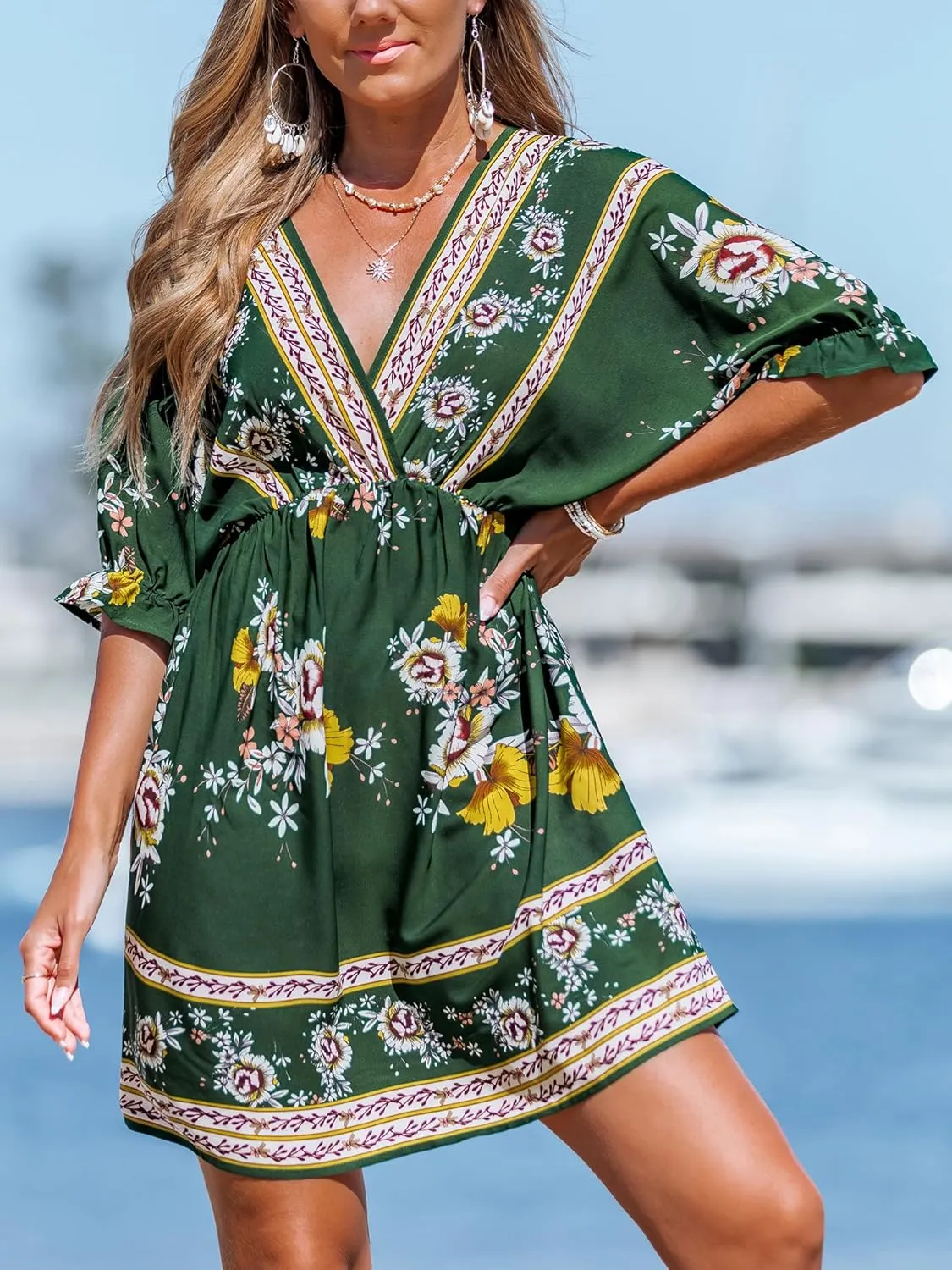CUPSHE Women's Summer Dresses V Neck Short Sleeve Beach Loose Fit Ruffled Casual Bridesmaid Flowy Mini Dress