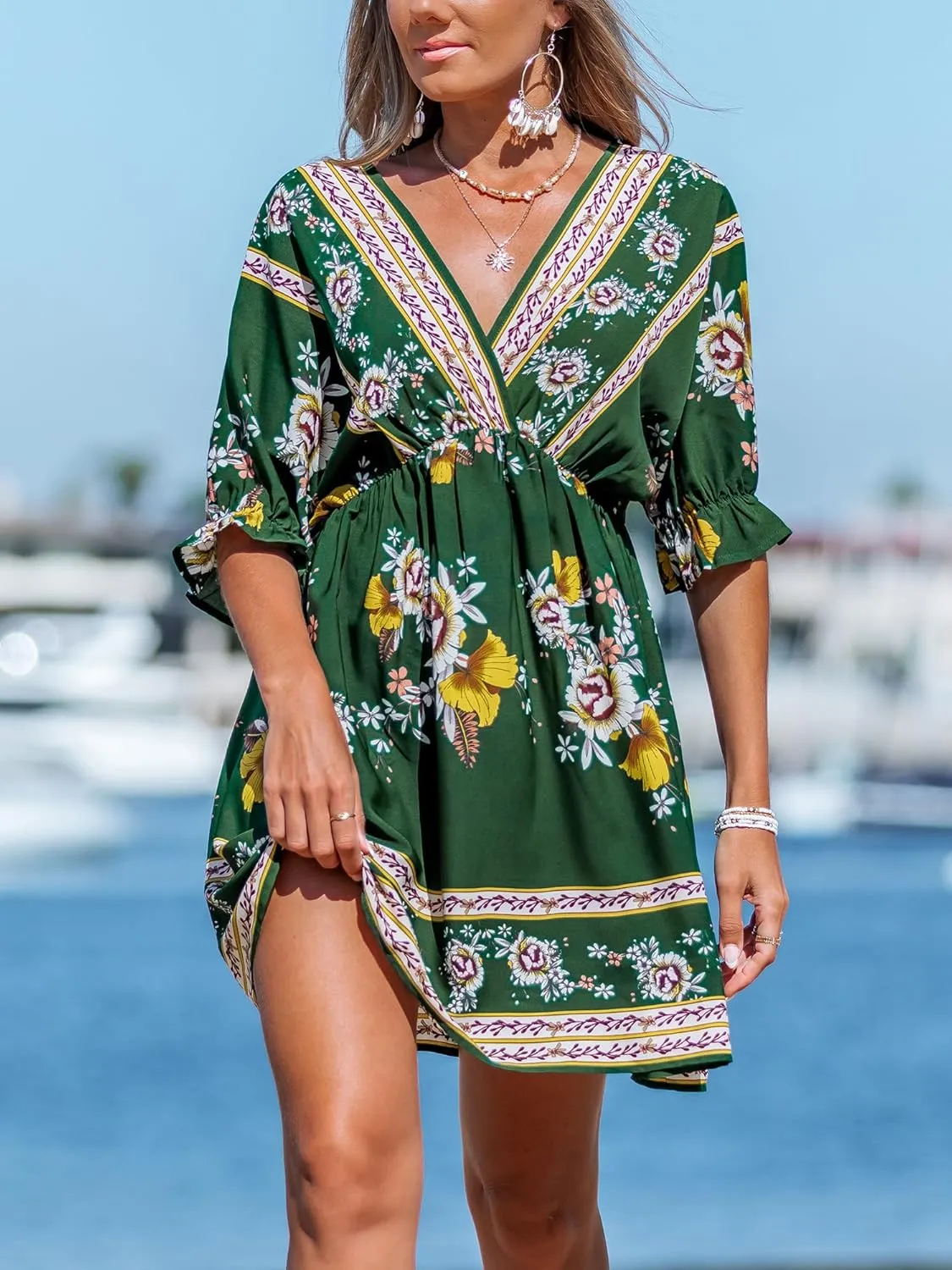 CUPSHE Women's Summer Dresses V Neck Short Sleeve Beach Loose Fit Ruffled Casual Bridesmaid Flowy Mini Dress