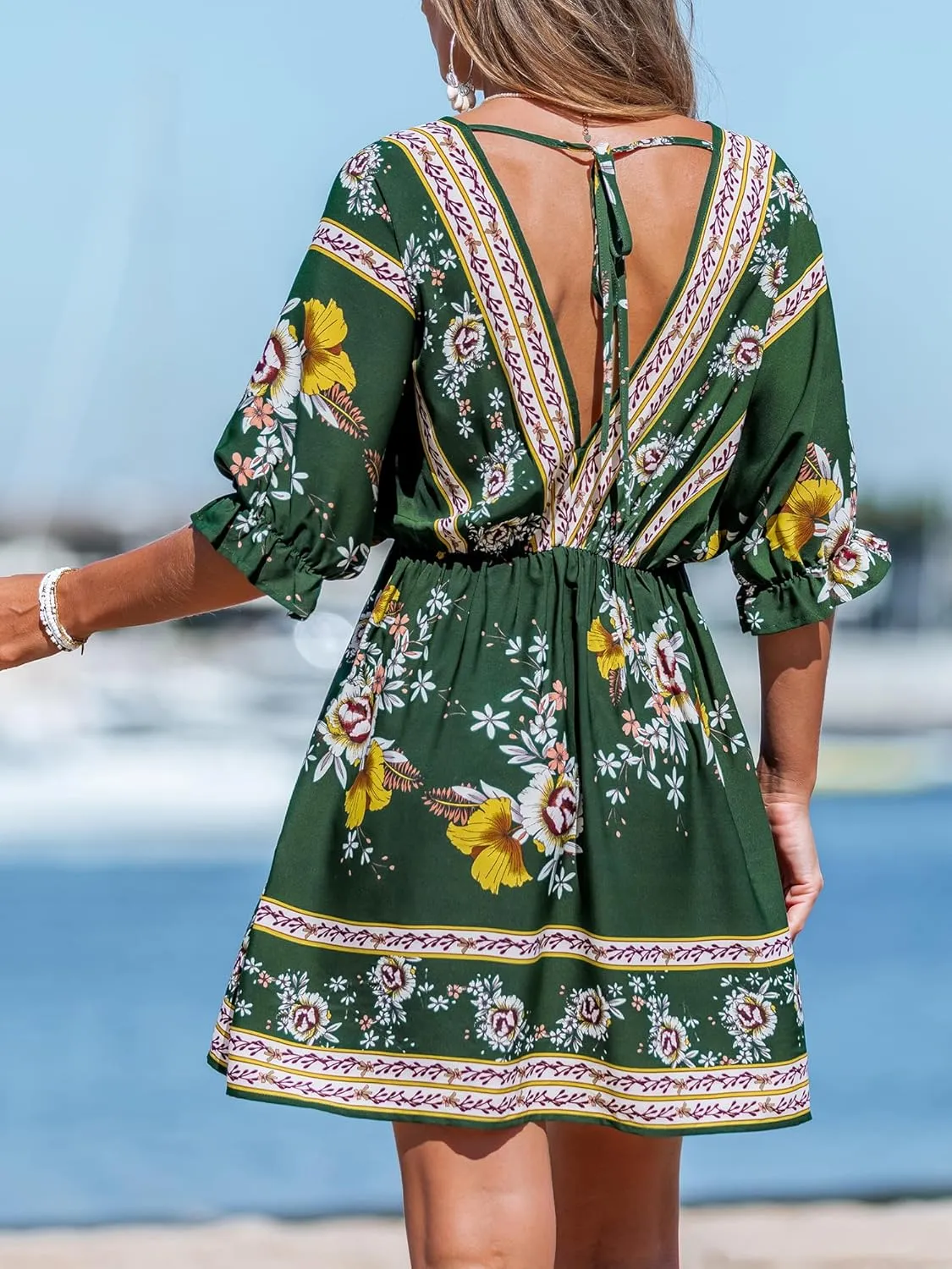 CUPSHE Women's Summer Dresses V Neck Short Sleeve Beach Loose Fit Ruffled Casual Bridesmaid Flowy Mini Dress
