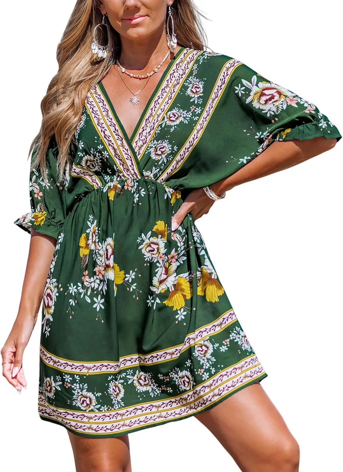 CUPSHE Women's Summer Dresses V Neck Short Sleeve Beach Loose Fit Ruffled Casual Bridesmaid Flowy Mini Dress