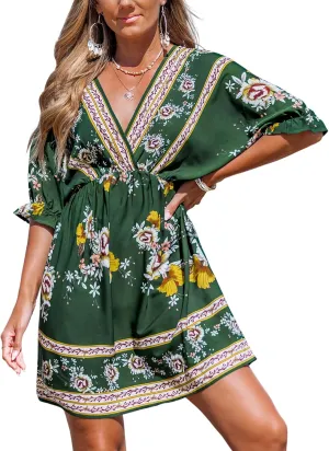 CUPSHE Women's Summer Dresses V Neck Short Sleeve Beach Loose Fit Ruffled Casual Bridesmaid Flowy Mini Dress