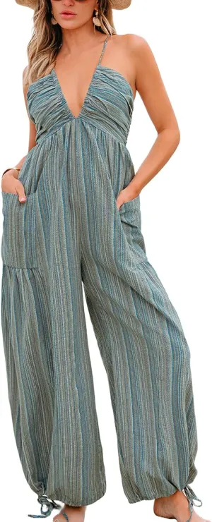 CUPSHE Women's Summer Jumpsuit Plunging Halter Sleeveless Striped Casual Dressy Outfit Wide Leg Pockets Maxi Overall