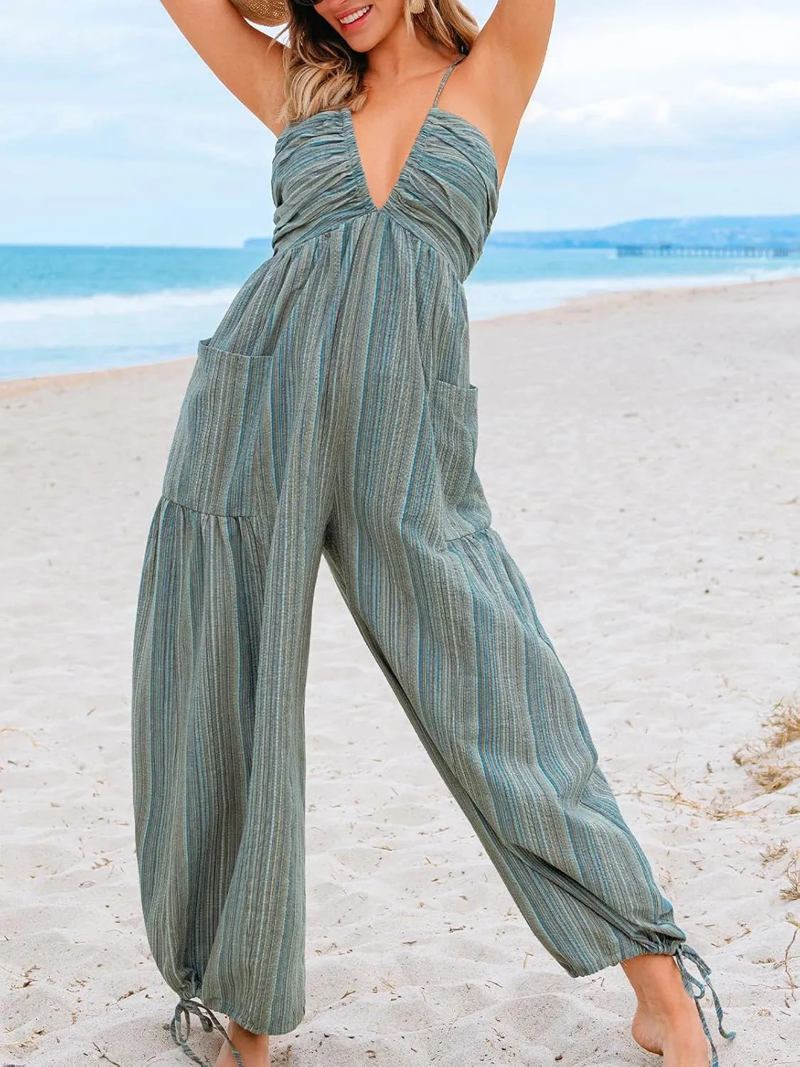 CUPSHE Women's Summer Jumpsuit Plunging Halter Sleeveless Striped Casual Dressy Outfit Wide Leg Pockets Maxi Overall