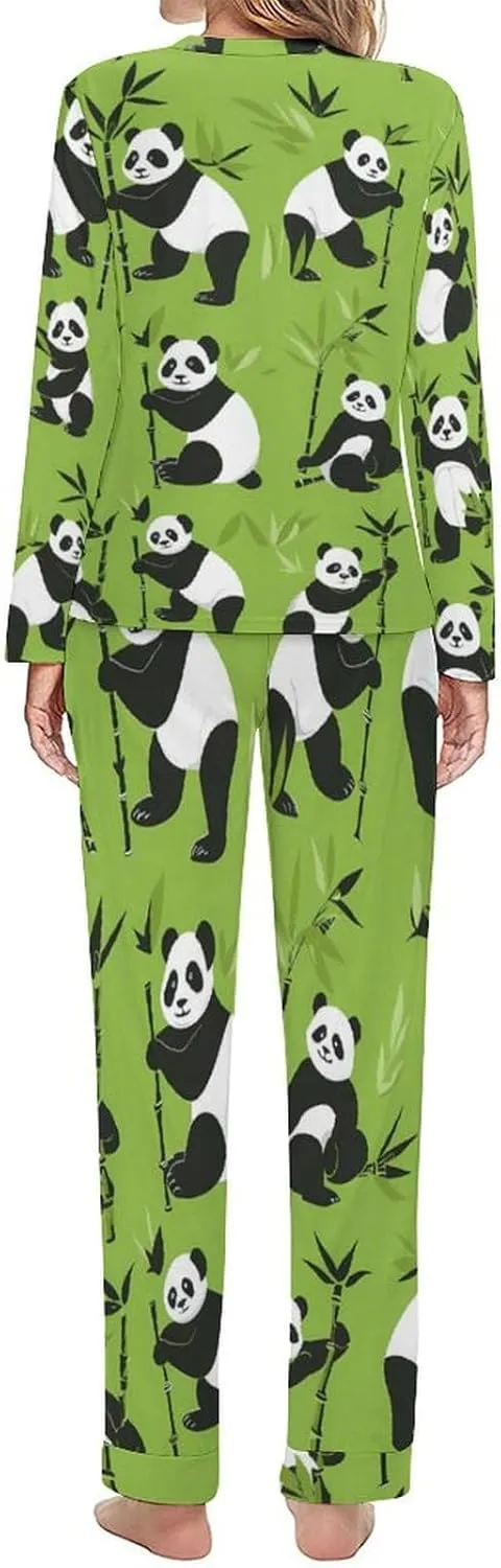 Cute Panda Bear Art Womens 2 Pieces Pajama Sets Long Sleeve Sleepwear Loungewear PJs Sets with Pockets