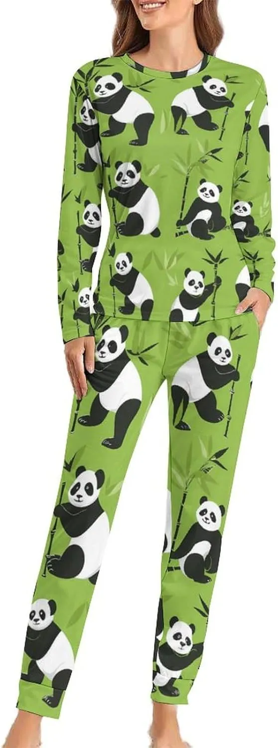 Cute Panda Bear Art Womens 2 Pieces Pajama Sets Long Sleeve Sleepwear Loungewear PJs Sets with Pockets