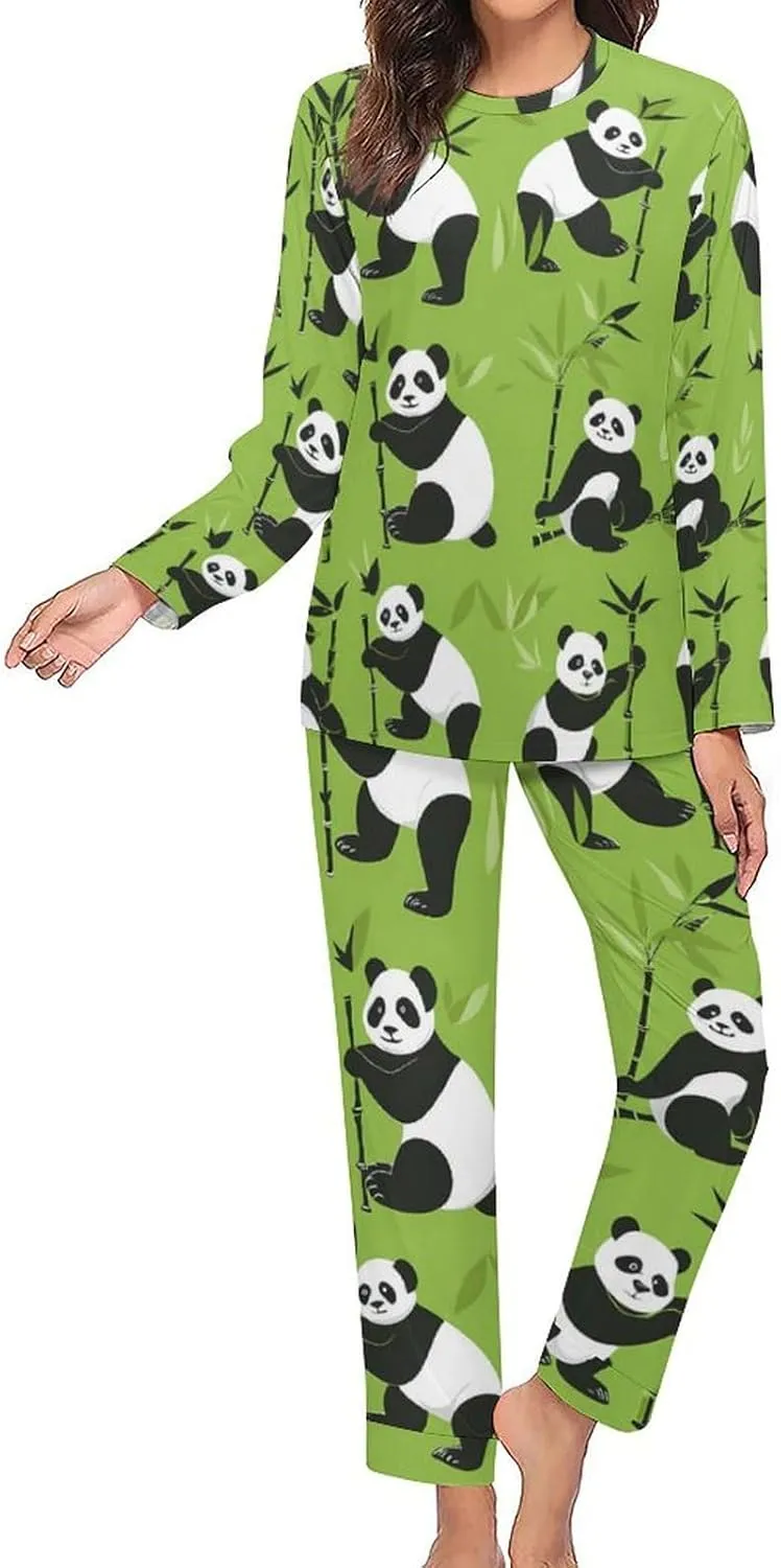 Cute Panda Bear Art Womens 2 Pieces Pajama Sets Long Sleeve Sleepwear Loungewear PJs Sets with Pockets