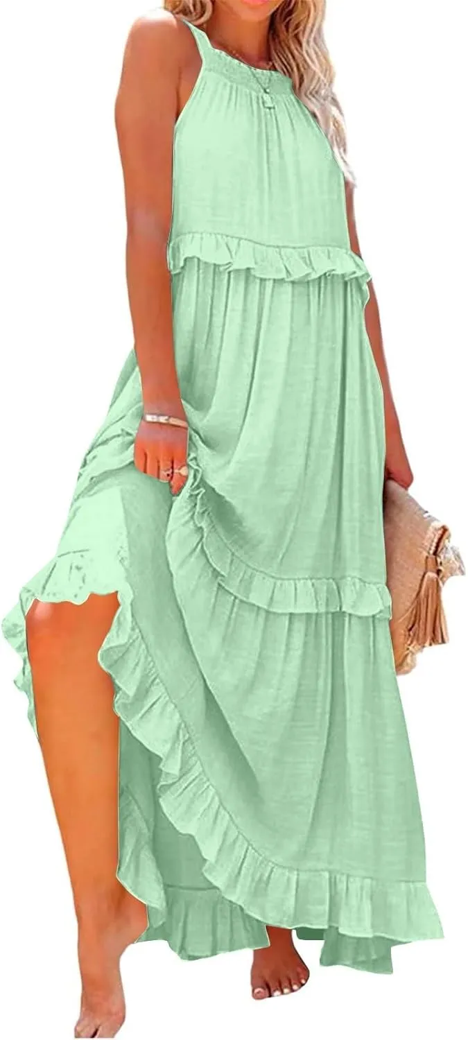 Dresses for Women Loose Plain Maxi Big Swing Beach Dress 2024 Shoulder Sleeveless Ruffle Hem Flowy Long Dresses