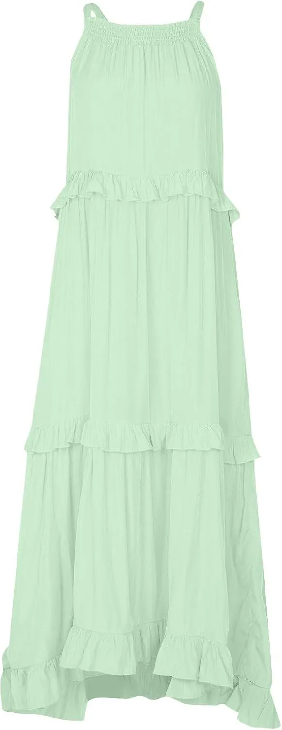 Dresses for Women Loose Plain Maxi Big Swing Beach Dress 2024 Shoulder Sleeveless Ruffle Hem Flowy Long Dresses
