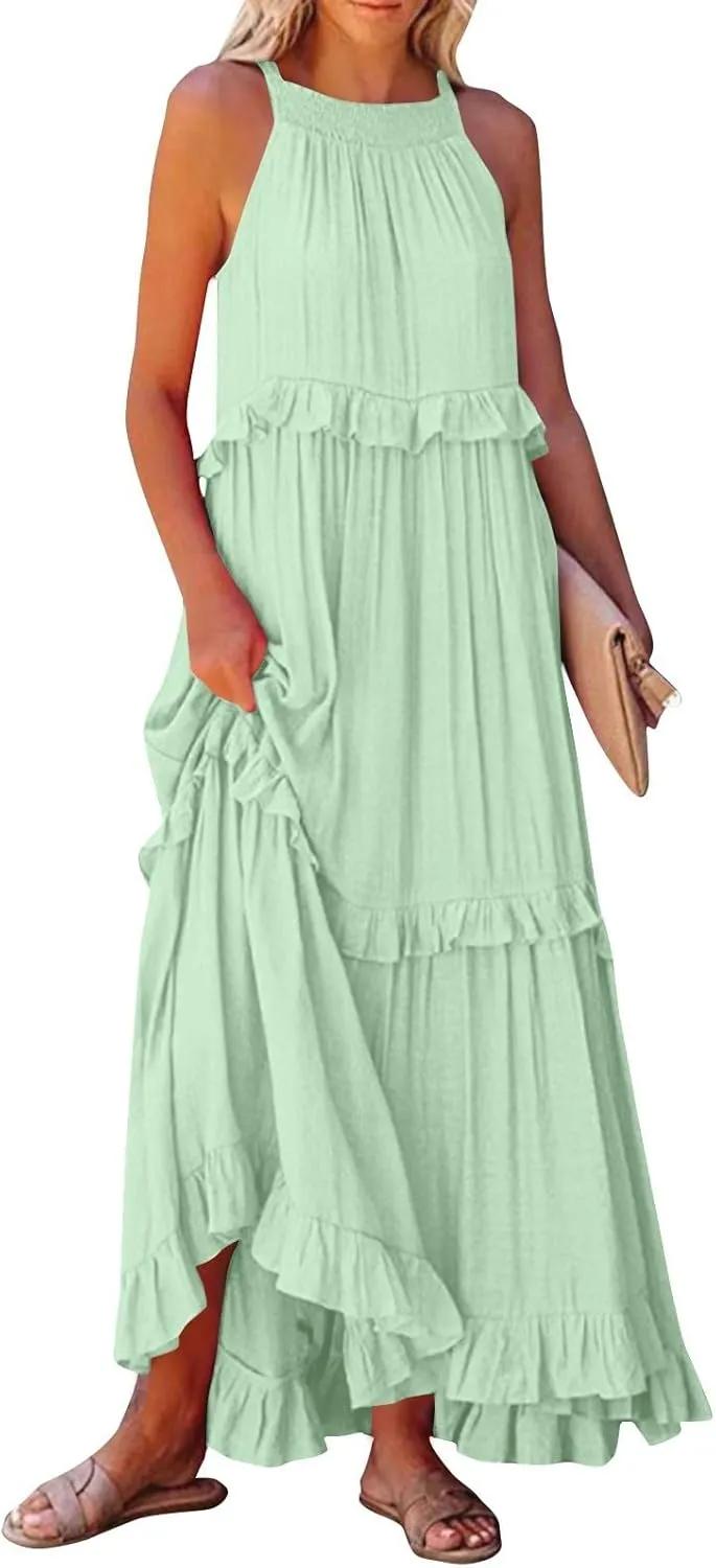 Dresses for Women Loose Plain Maxi Big Swing Beach Dress 2024 Shoulder Sleeveless Ruffle Hem Flowy Long Dresses