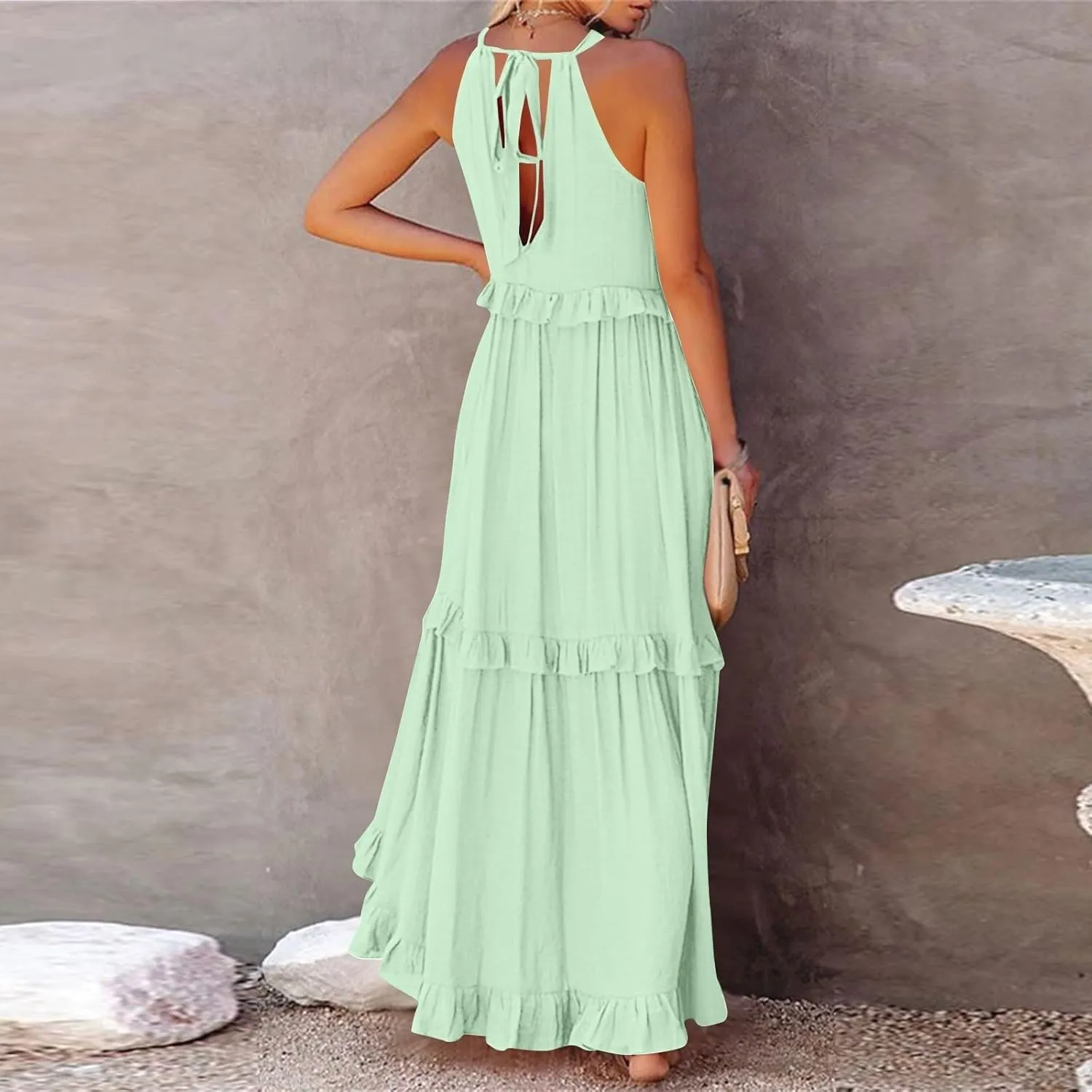 Dresses for Women Loose Plain Maxi Big Swing Beach Dress 2024 Shoulder Sleeveless Ruffle Hem Flowy Long Dresses