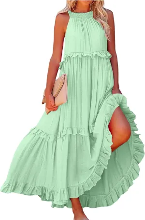 Dresses for Women Loose Plain Maxi Big Swing Beach Dress 2024 Shoulder Sleeveless Ruffle Hem Flowy Long Dresses