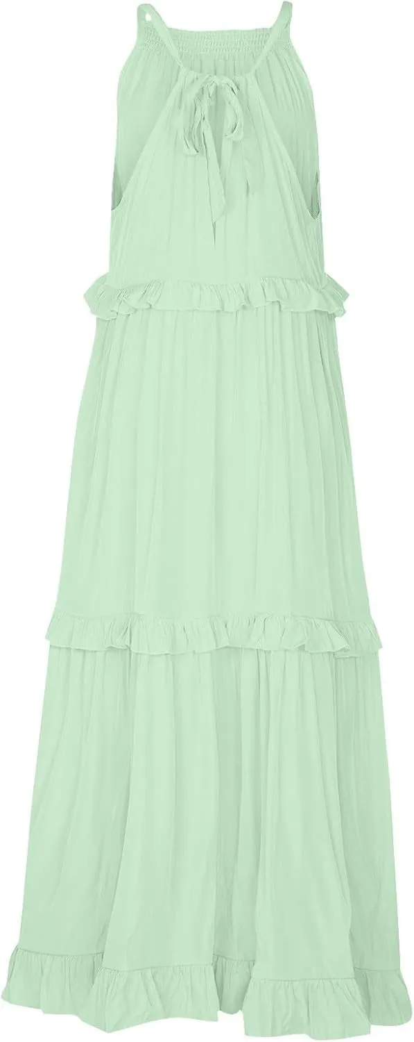 Dresses for Women Loose Plain Maxi Big Swing Beach Dress 2024 Shoulder Sleeveless Ruffle Hem Flowy Long Dresses