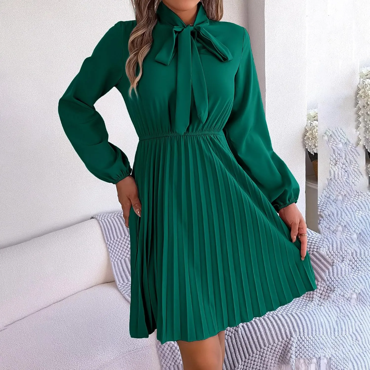 Fall Flowy Dresses for Women Elegant Bow tie Pleated Mini Dresses Empire Waist Long Sleeve Casual Shift Dresses