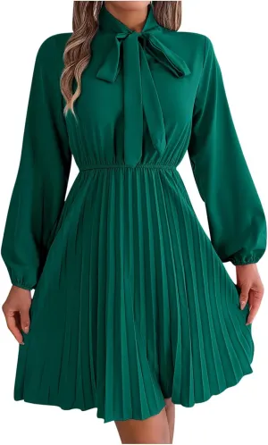 Fall Flowy Dresses for Women Elegant Bow tie Pleated Mini Dresses Empire Waist Long Sleeve Casual Shift Dresses