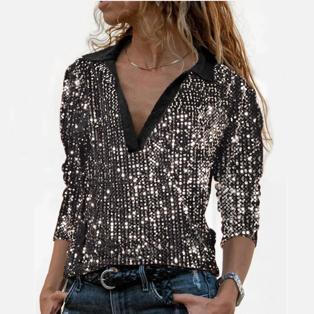 Fashion Gorgeous Sequins V-Neck Casual Shirt