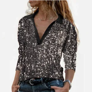 Fashion Gorgeous Sequins V-Neck Casual Shirt