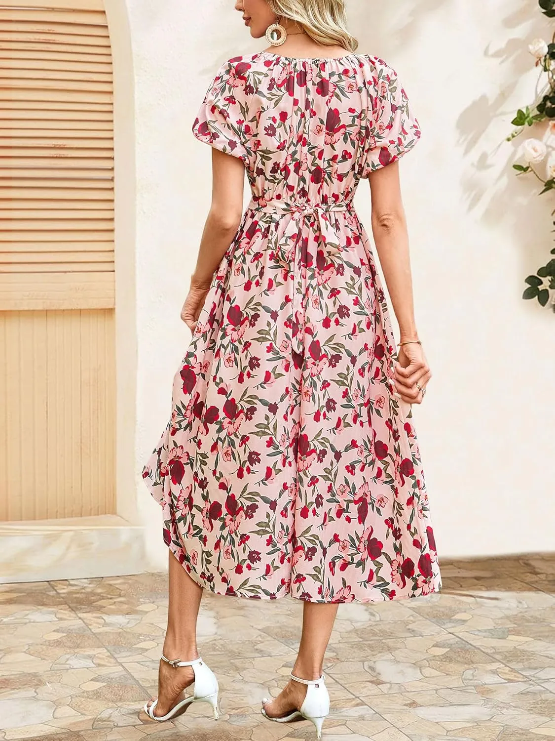 FENSACE Women's Elegant Floral Flowy Puff Sleeve Dress Summer 2025 Casual Romantic Sundress with Elastic Tie-Waist