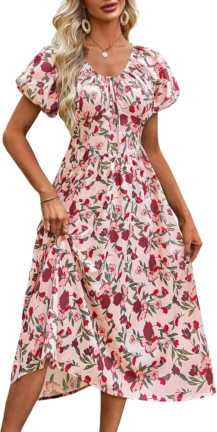 FENSACE Women's Elegant Floral Flowy Puff Sleeve Dress Summer 2025 Casual Romantic Sundress with Elastic Tie-Waist