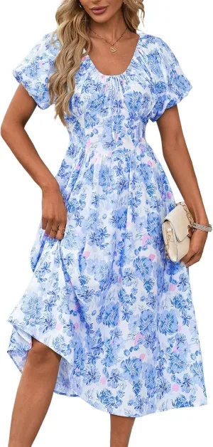 FENSACE Women's Elegant Floral Flowy Puff Sleeve Dress Summer 2025 Casual Romantic Sundress with Elastic Tie-Waist