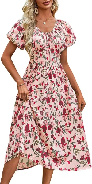 FENSACE Women's Elegant Floral Flowy Puff Sleeve Dress Summer 2025 Casual Romantic Sundress with Elastic Tie-Waist