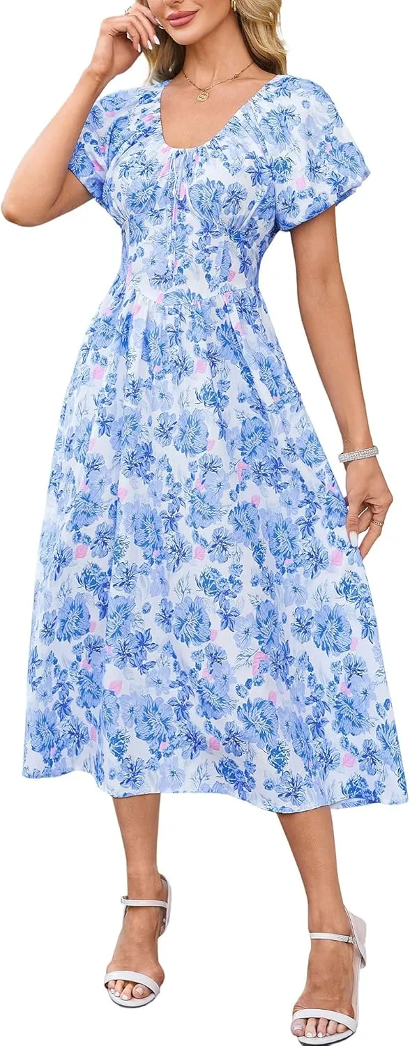 FENSACE Women's Elegant Floral Flowy Puff Sleeve Dress Summer 2025 Casual Romantic Sundress with Elastic Tie-Waist