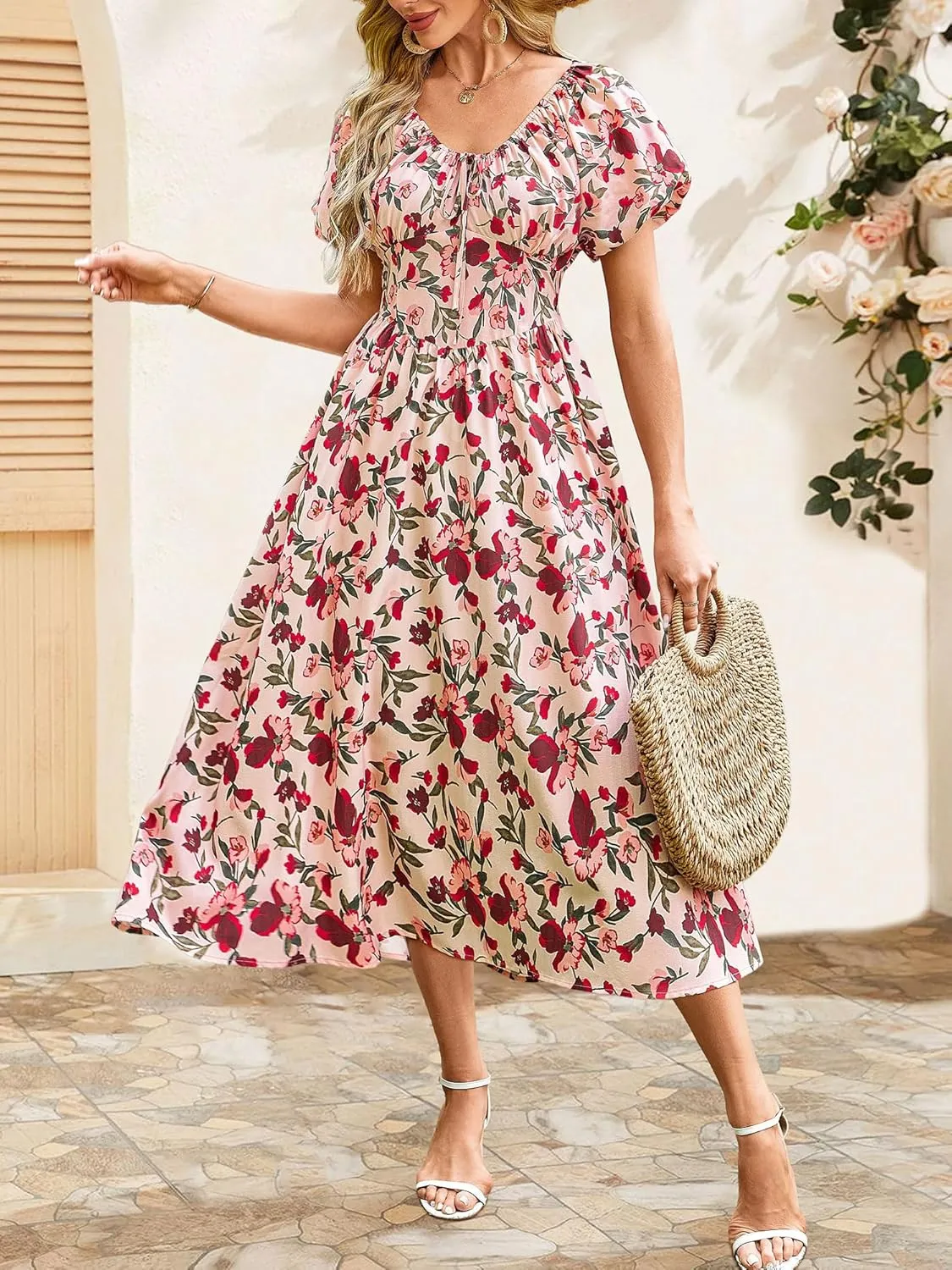 FENSACE Women's Elegant Floral Flowy Puff Sleeve Dress Summer 2025 Casual Romantic Sundress with Elastic Tie-Waist
