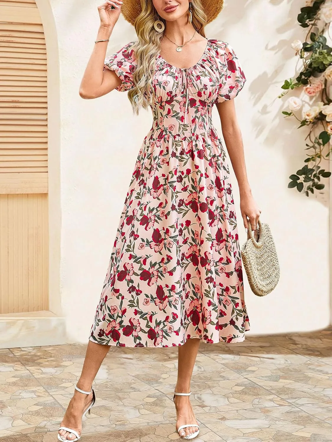 FENSACE Women's Elegant Floral Flowy Puff Sleeve Dress Summer 2025 Casual Romantic Sundress with Elastic Tie-Waist