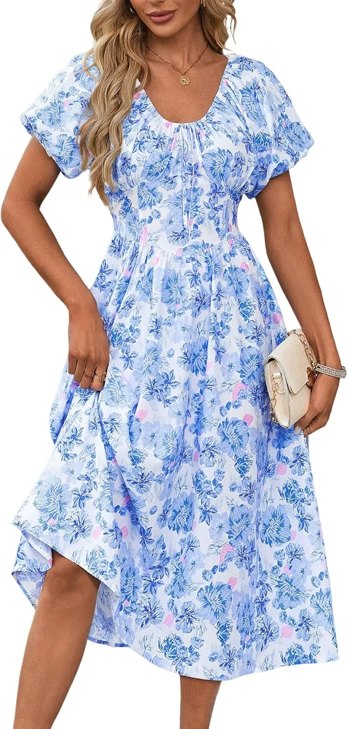 FENSACE Women's Elegant Floral Flowy Puff Sleeve Dress Summer 2025 Casual Romantic Sundress with Elastic Tie-Waist