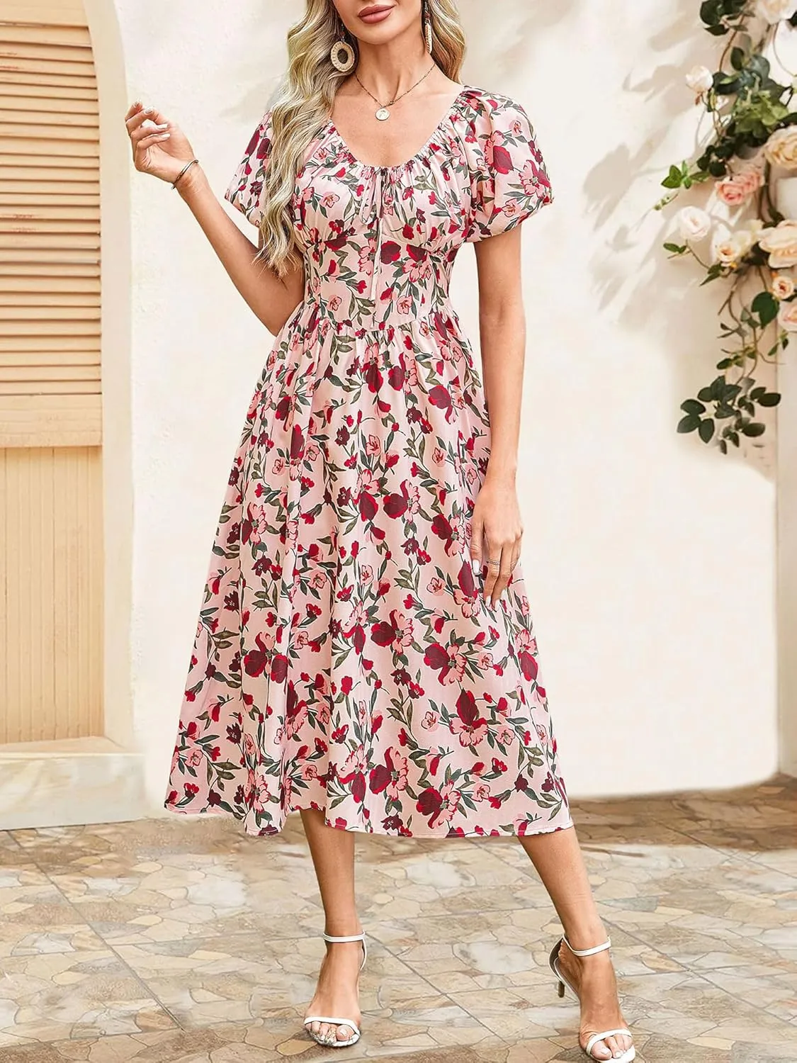 FENSACE Women's Elegant Floral Flowy Puff Sleeve Dress Summer 2025 Casual Romantic Sundress with Elastic Tie-Waist