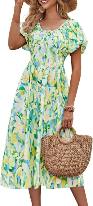 FENSACE Women's Elegant Floral Flowy Puff Sleeve Dress Summer 2025 Casual Romantic Sundress with Elastic Tie-Waist