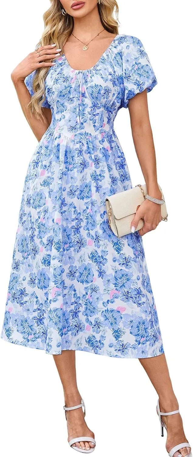 FENSACE Women's Elegant Floral Flowy Puff Sleeve Dress Summer 2025 Casual Romantic Sundress with Elastic Tie-Waist