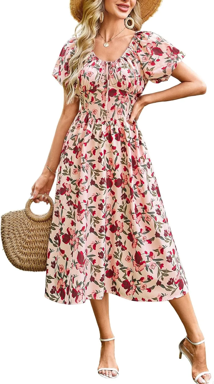 FENSACE Women's Elegant Floral Flowy Puff Sleeve Dress Summer 2025 Casual Romantic Sundress with Elastic Tie-Waist