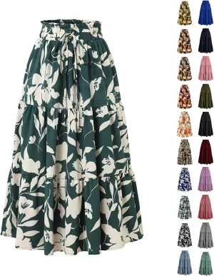 Floral Maxi Skirts for Women Summer Pleated Long Flowy Skirt Casual Elastic Waist Tiered A Line Boho Skirt Vacation