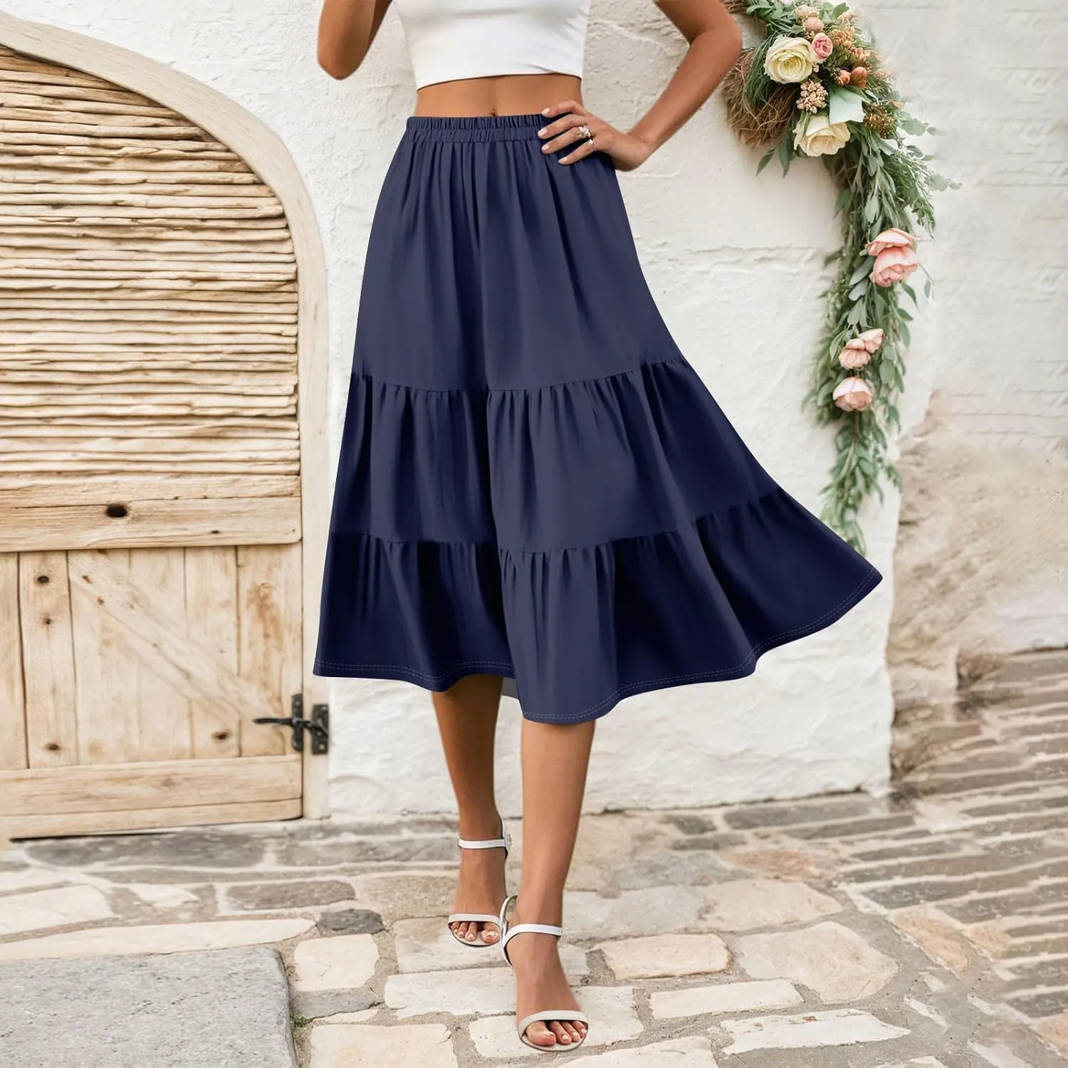 Floral Skirts for Women Calf Length Boho Beach Flowy Midi Skirt Vacation Tiered High Elastic Waist Skirts Summer