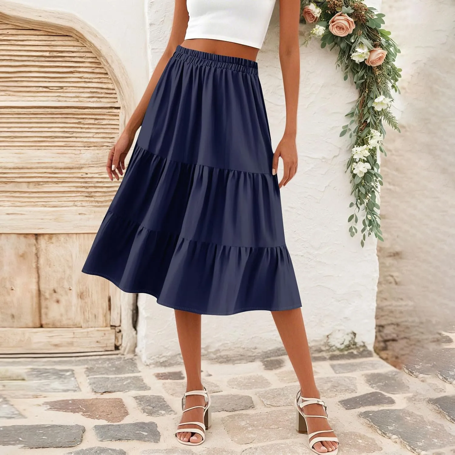 Floral Skirts for Women Calf Length Boho Beach Flowy Midi Skirt Vacation Tiered High Elastic Waist Skirts Summer