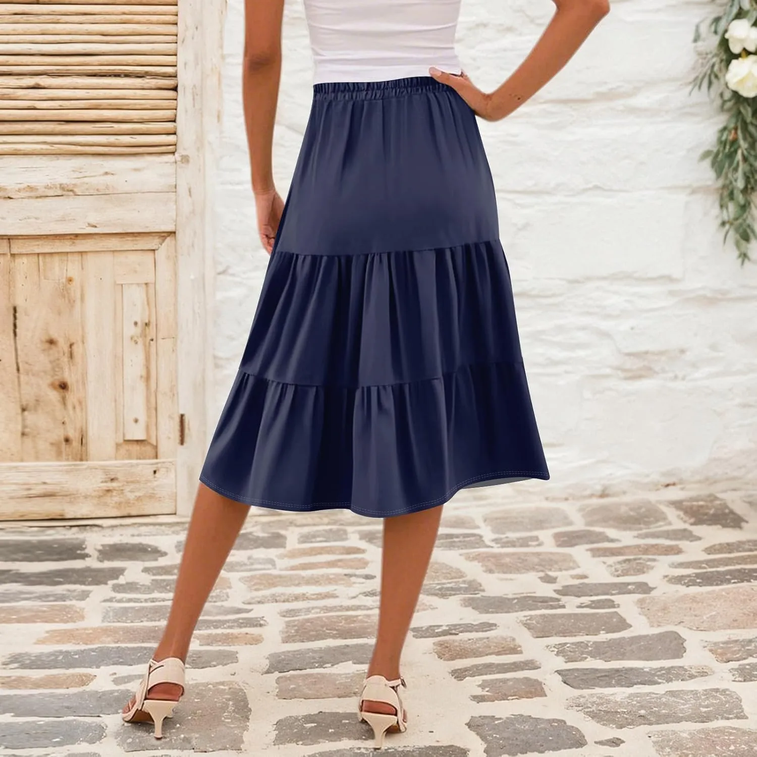 Floral Skirts for Women Calf Length Boho Beach Flowy Midi Skirt Vacation Tiered High Elastic Waist Skirts Summer