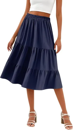 Floral Skirts for Women Calf Length Boho Beach Flowy Midi Skirt Vacation Tiered High Elastic Waist Skirts Summer