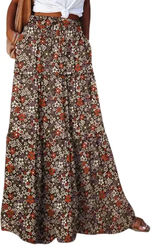 Floral Skirts for Women Summer Loose Casual Trendy Vintage Printed Elastic Waist Boho Beach Maxi Skirt, S-2XL