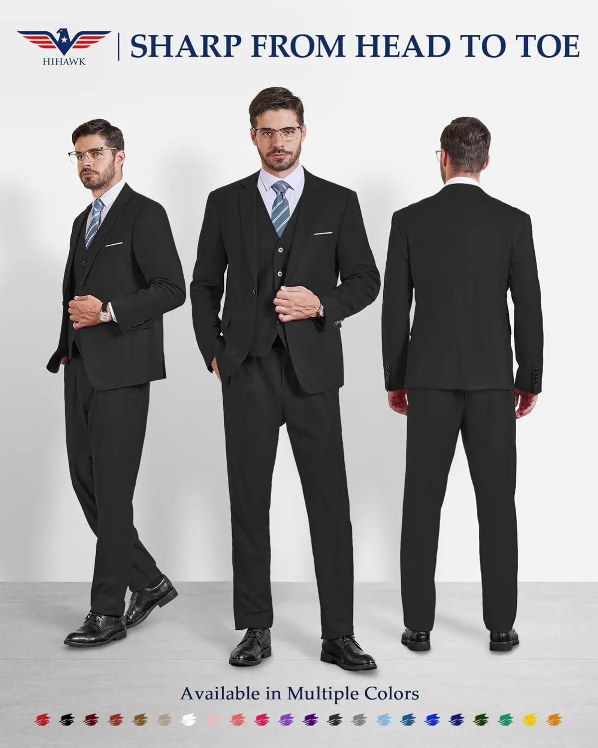 Hihawk Men's Slim Fit 3 Pieces Suit, One Button Blazer Set, Jacket Vest and Pants for Wedding Party Business Prom