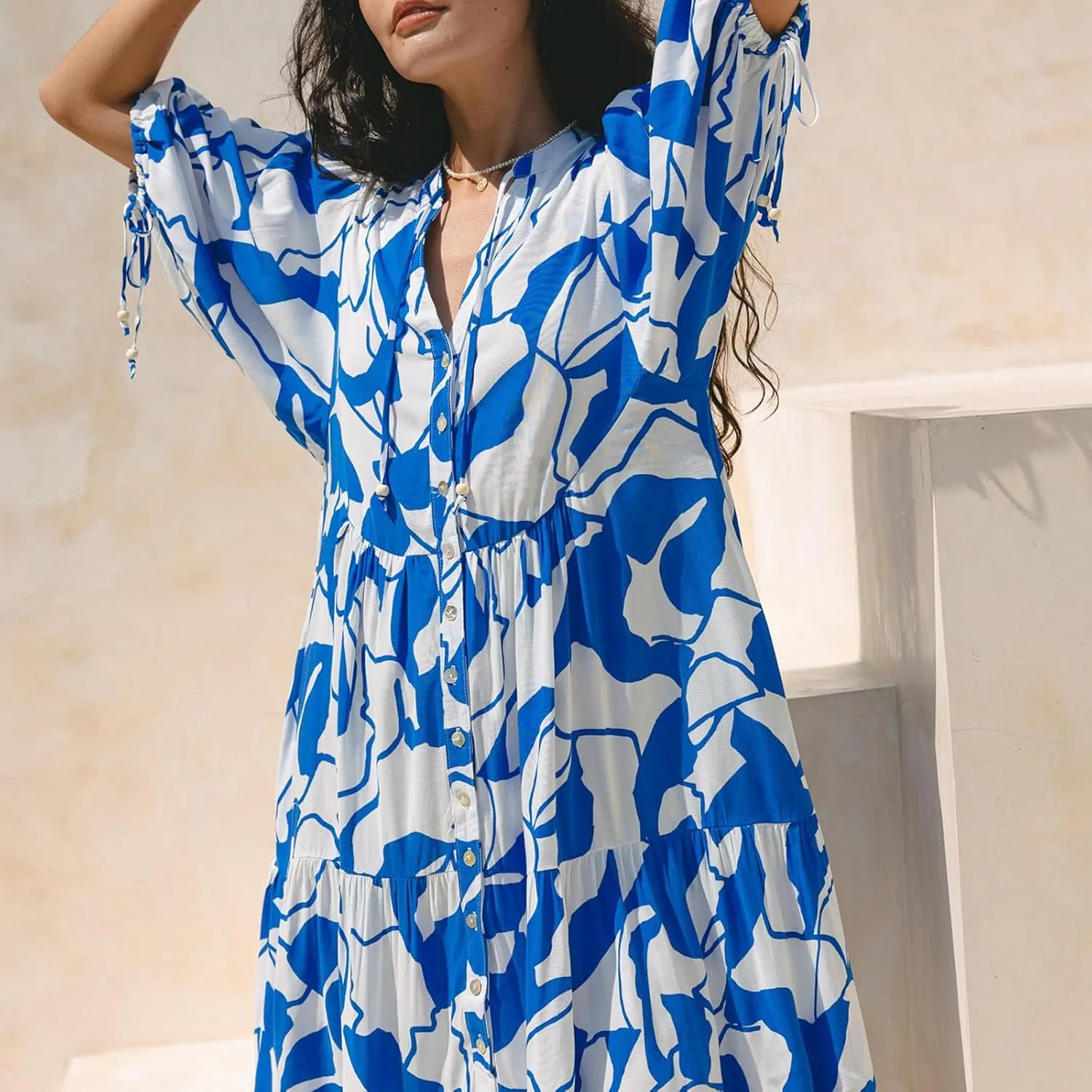 IMISSILLEB Women Boho Colorful Mini Dress Puff Sleeve V Neck Tiered Button Down Collared Dress Swing Flowy Tunic Short Dress