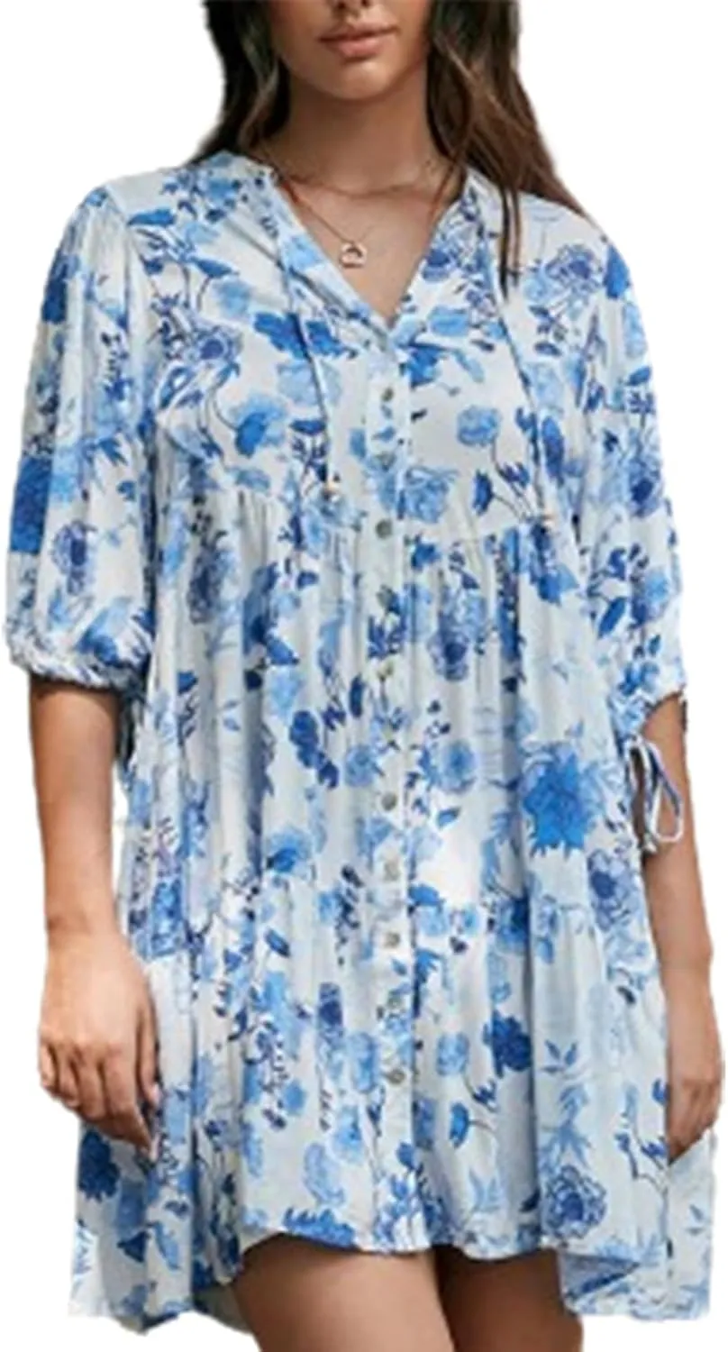 IMISSILLEB Women Boho Colorful Mini Dress Puff Sleeve V Neck Tiered Button Down Collared Dress Swing Flowy Tunic Short Dress