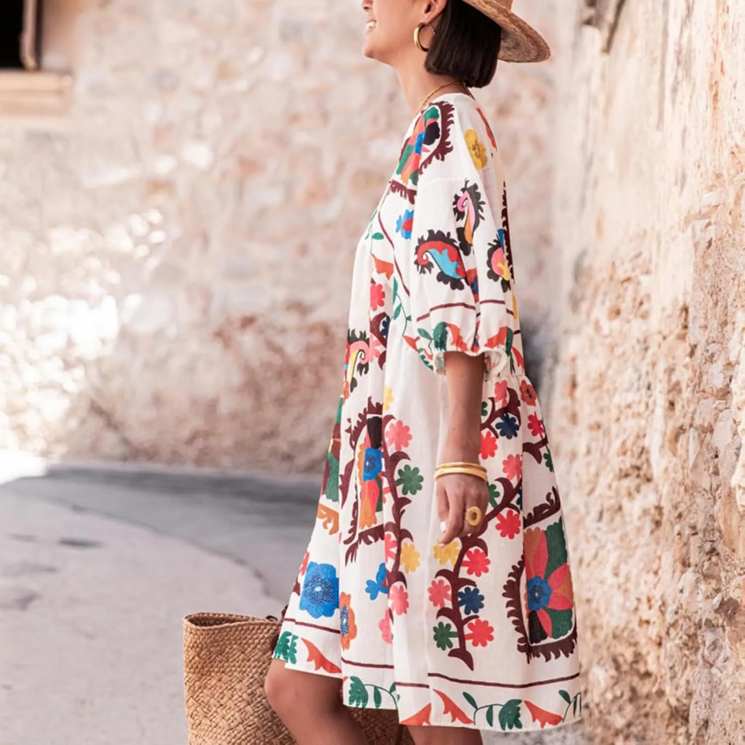 IMISSILLEB Women Boho Colorful Mini Dress Puff Sleeve V Neck Tiered Button Down Collared Dress Swing Flowy Tunic Short Dress