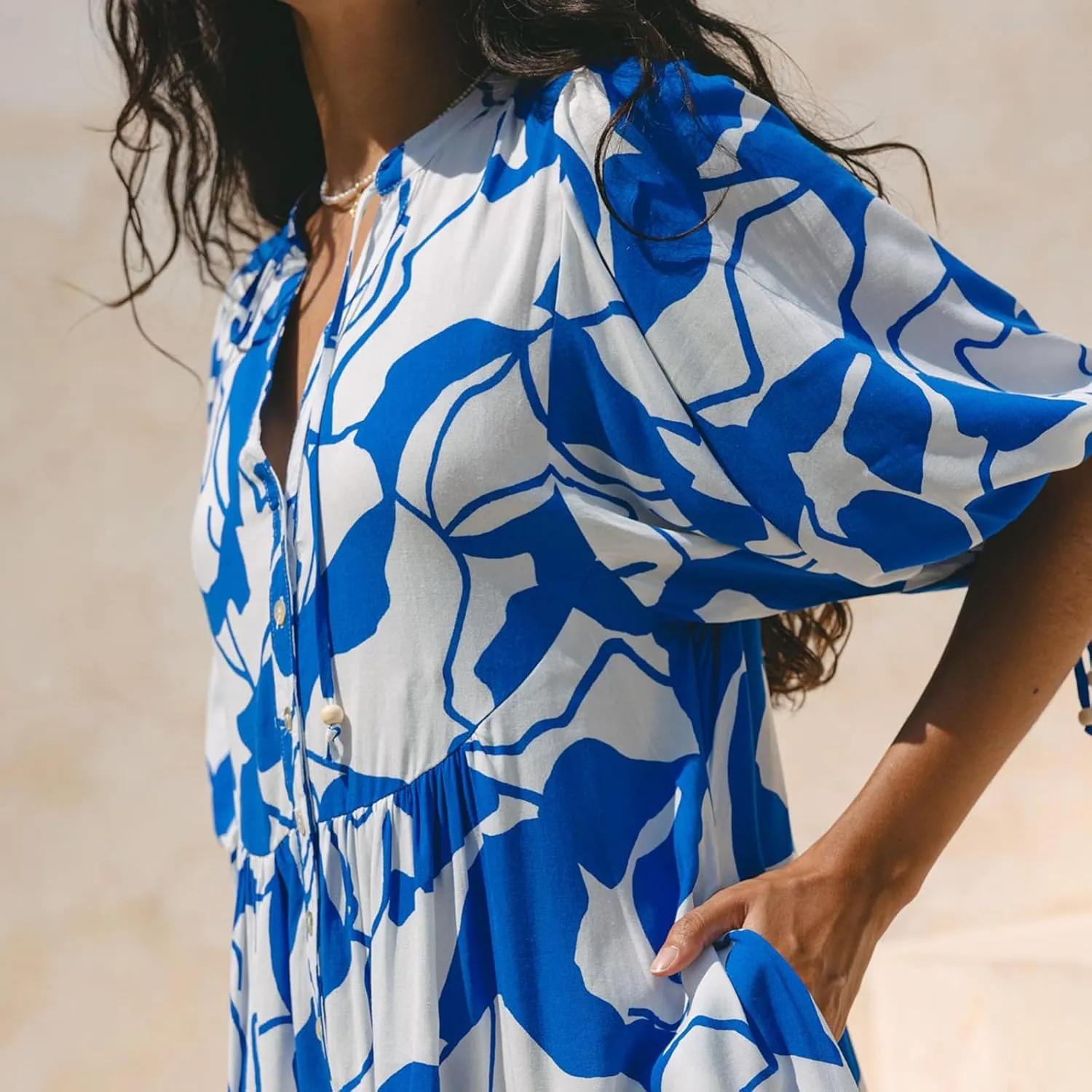IMISSILLEB Women Boho Colorful Mini Dress Puff Sleeve V Neck Tiered Button Down Collared Dress Swing Flowy Tunic Short Dress