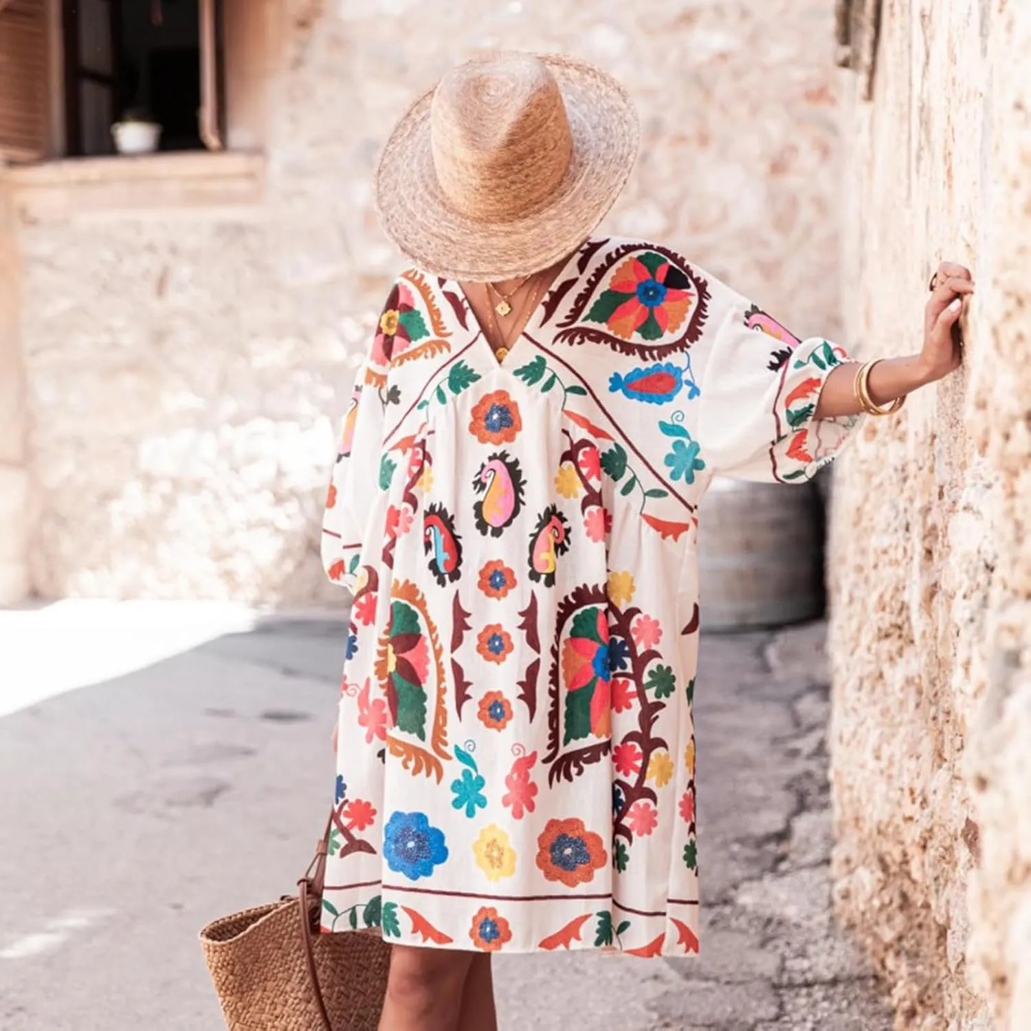 IMISSILLEB Women Boho Colorful Mini Dress Puff Sleeve V Neck Tiered Button Down Collared Dress Swing Flowy Tunic Short Dress