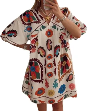 IMISSILLEB Women Boho Colorful Mini Dress Puff Sleeve V Neck Tiered Button Down Collared Dress Swing Flowy Tunic Short Dress