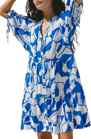 IMISSILLEB Women Boho Colorful Mini Dress Puff Sleeve V Neck Tiered Button Down Collared Dress Swing Flowy Tunic Short Dress